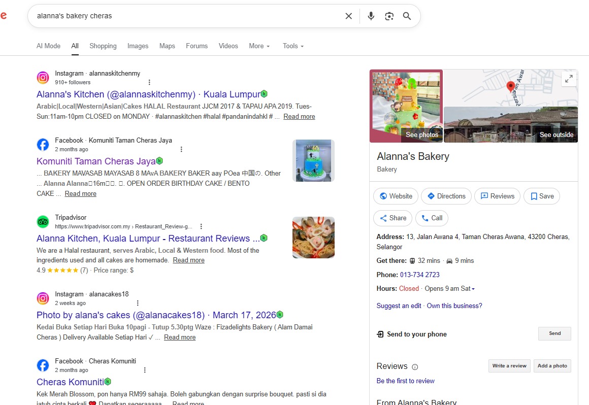 Google Business Profile Setup for Alannays Bakery Cheras